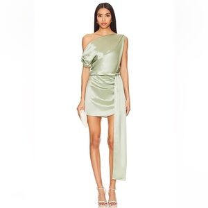 NONchalant Label Natalia Dress mini Sage One-Shoulder Satin Green Revolve NWT S